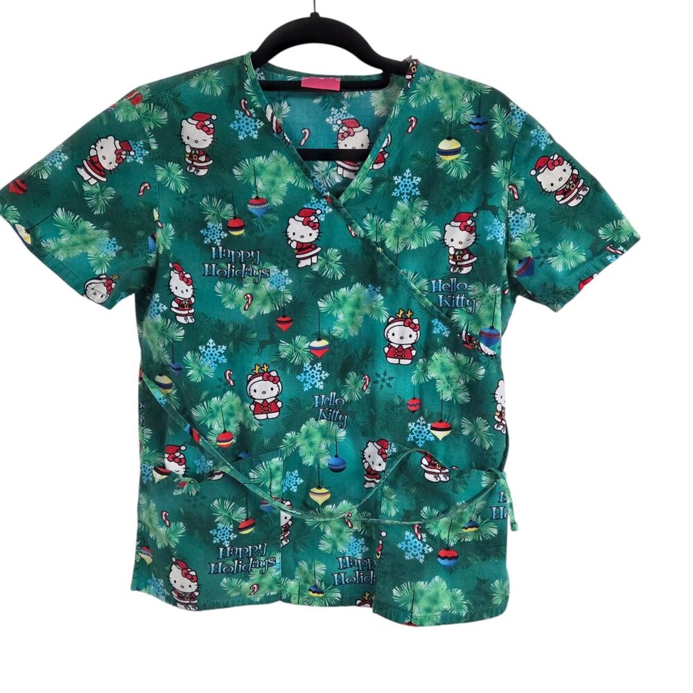 Hello Kitty Sanrio Christmas Holiday Scrub Shirt Women XS With Wrap Tie Cords